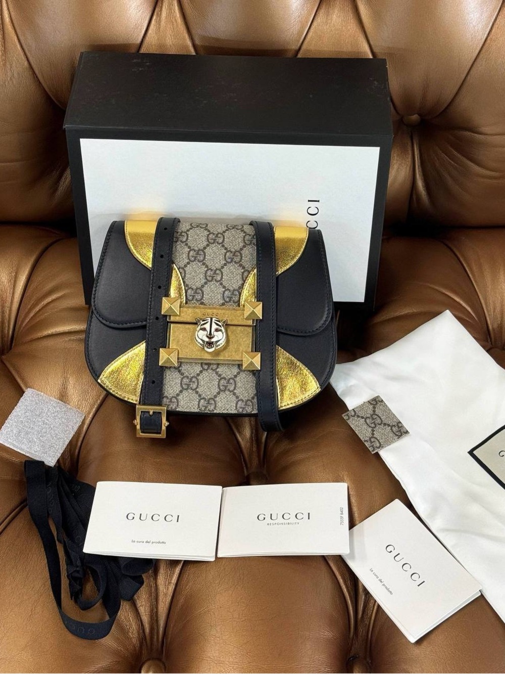 Gucci GG Supreme Calfskin Osiride Shoulder Bag Feline Head Accent Gold-Tone